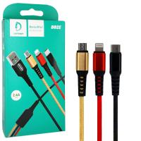 Дата кабель плетенный DENMEN D02E 3 in 1 2.4A Lightning+Type C+Micro USB Black