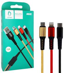 Дата кабель плетенный DENMEN D02E 3 in 1 2.4A Lightning+Type C+Micro USB Black